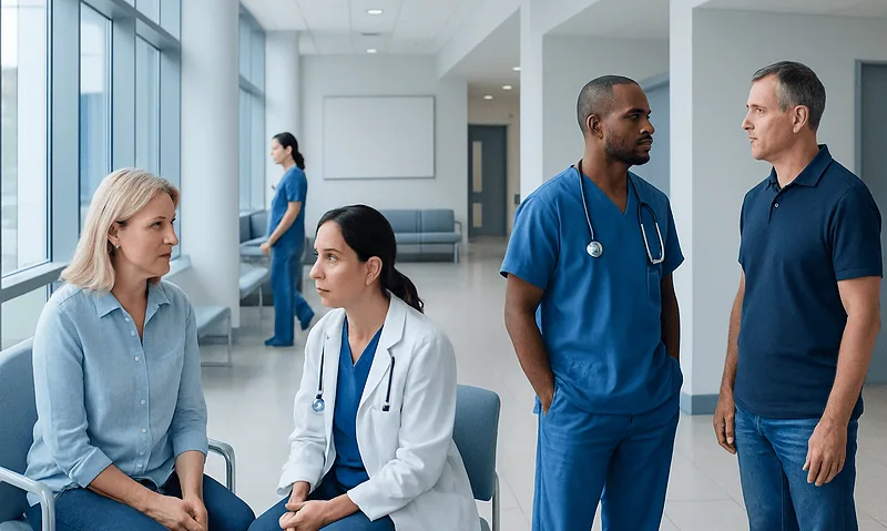Medical consultation in hospital with doctor and patient discussing health.