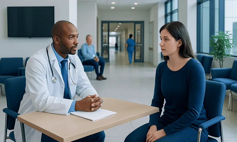 Doctor consulting a patient in a hospital waiting area.