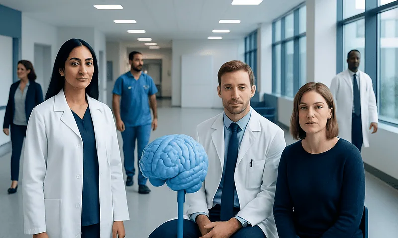 Health Library 12 Medical team with brain model in hospital corridor for neurology and psychiatry.