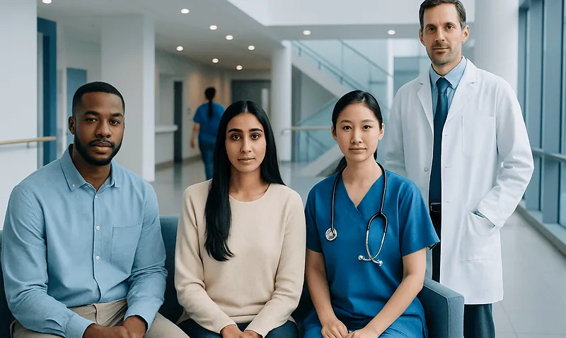 Diverse medical team at Acibadem Hospital in a modern healthcare setting.