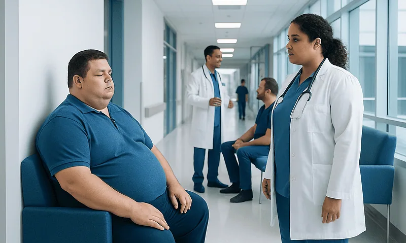 Doctor consulting obese patient in hospital corridor.