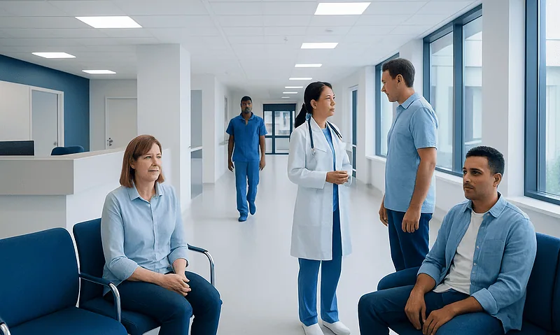 Medical consultation in a modern hospital corridor with patients and staff.