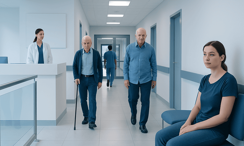Patients and staff in a modern hospital corridor at Acibadem Hospitals Group.