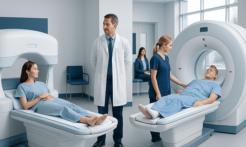 Patients undergoing MRI scan at Acibadem Hospital with medical staff present.
