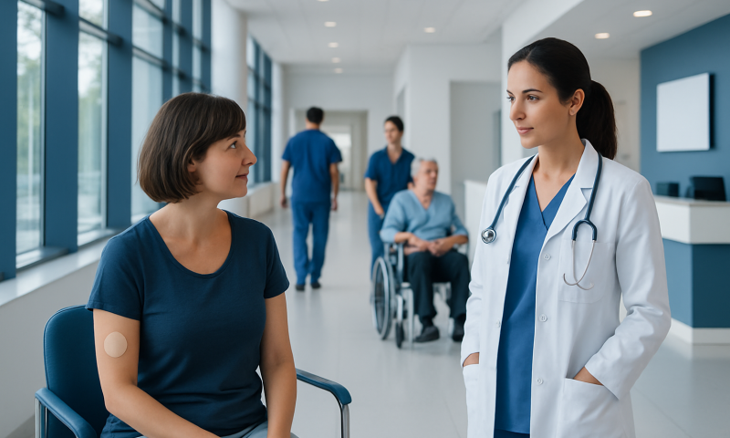 Patient talking to doctor in hospital corridor with medical staff in background.
