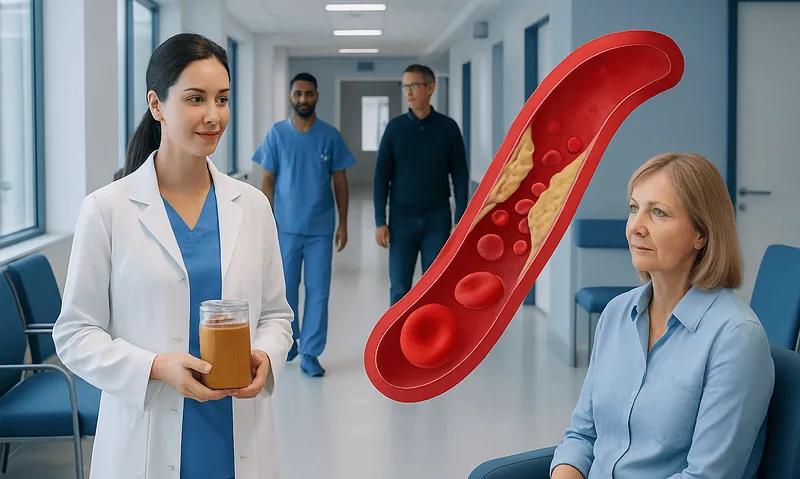 Medical professionals discussing cholesterol and blood vessels in hospital corridor.