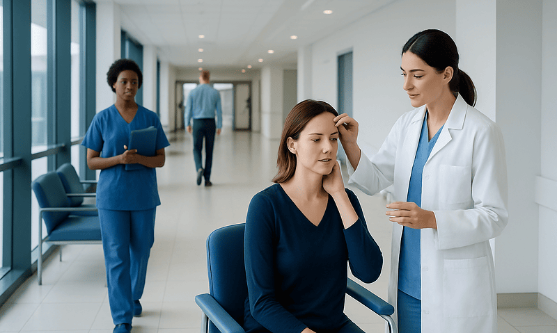Doctor examining a woman with headache in hospital corridor.