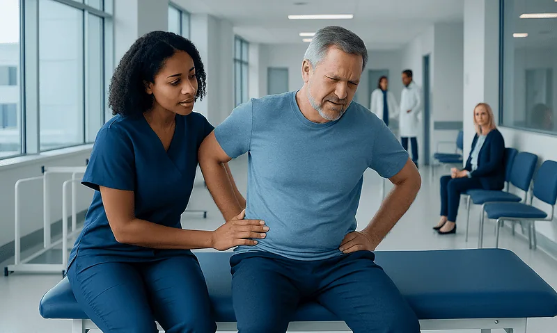 Doctor examining a patient with back pain in a hospital corridor.