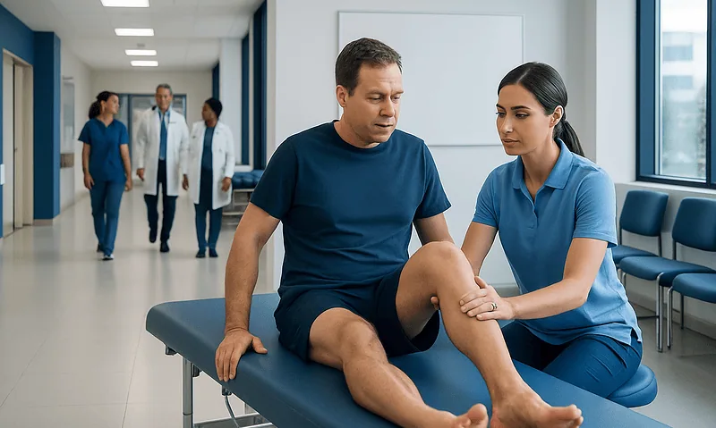 Patient receiving knee examination from healthcare professional in hospital corridor.
