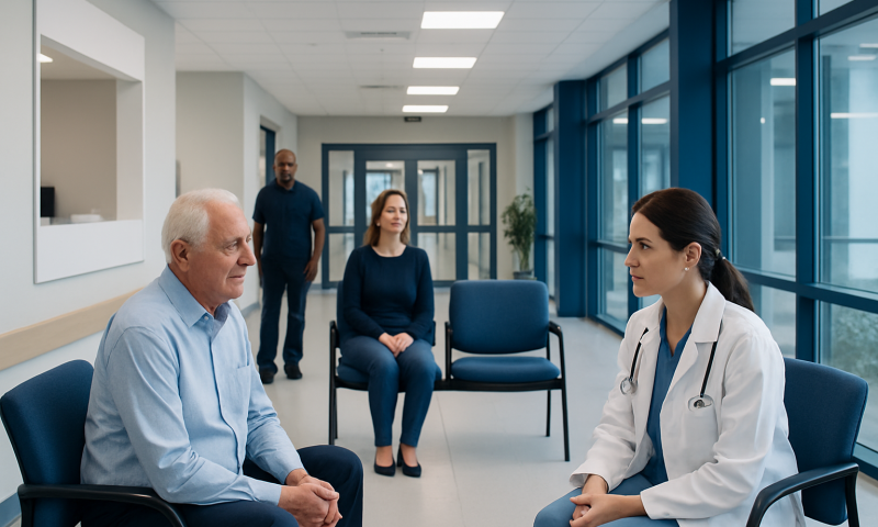 Doctor consulting elderly patient in hospital corridor.