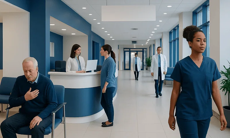 Modern hospital interior with medical staff and patient in waiting area.