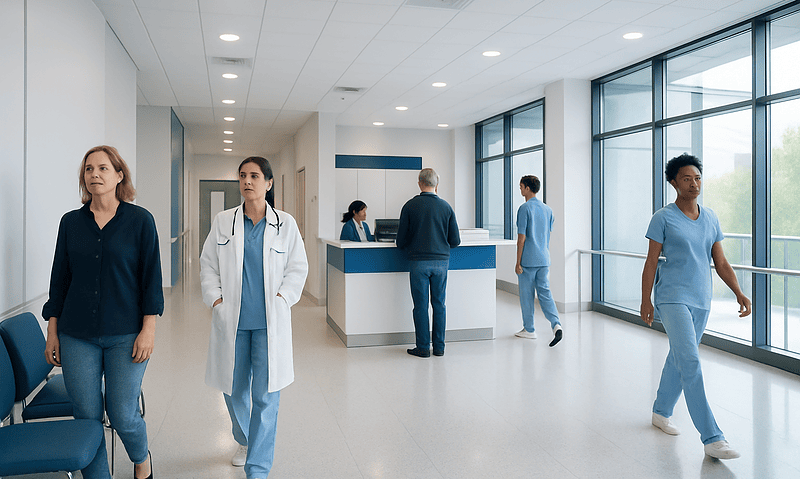 Healthcare professionals and patients in a modern hospital corridor.