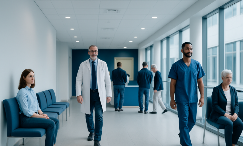 Medical staff and patients in a modern hospital corridor.