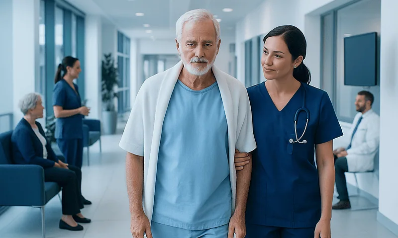 Senior patient walking with nurse in hospital corridor after heart surgery.
