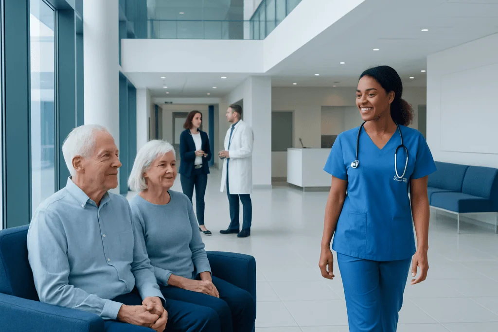 Resilience and Longevity: Can Recovery From Illness Affect Healthy Aging? 1 Healthcare professional smiling at elderly patients in a modern hospital lobby.