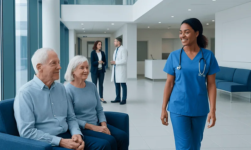 Healthcare professional smiling at elderly patients in a modern hospital lobby.