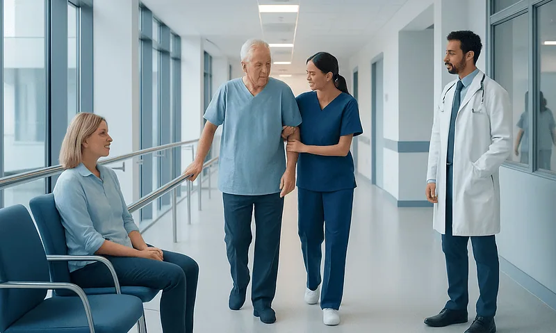 Senior patient walking with nurse and doctor in hospital corridor.