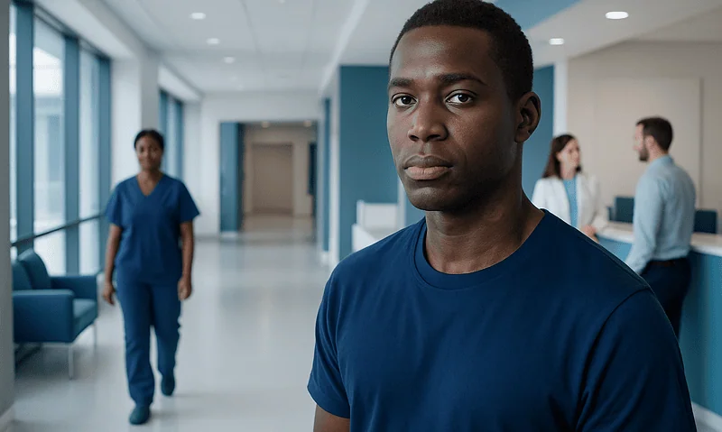 Young male healthcare professional in hospital corridor with colleagues in background.