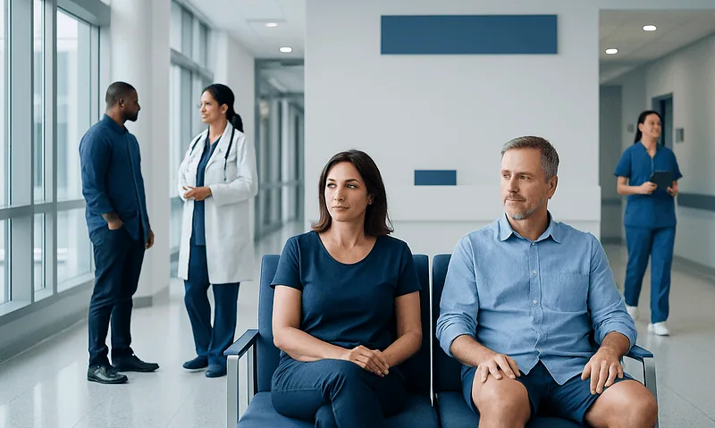 Patients waiting in a hospital corridor with medical staff in the background.