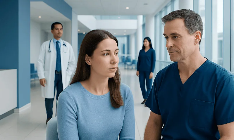 Dentist consulting with a patient in a modern hospital corridor.