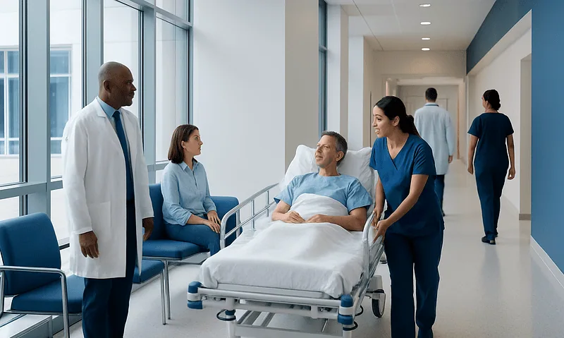 Hospital staff and patient in a modern hospital corridor.