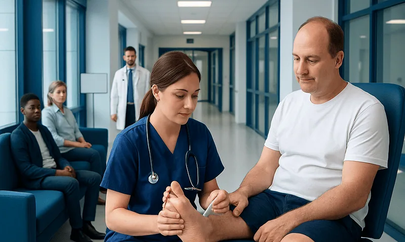 Doctor examining patient's hand in hospital corridor with waiting patients.