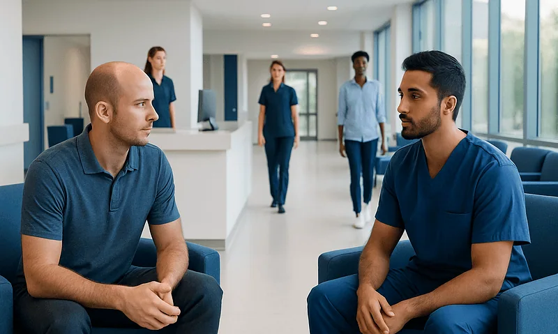 Medical consultation with doctors in a modern hospital setting.