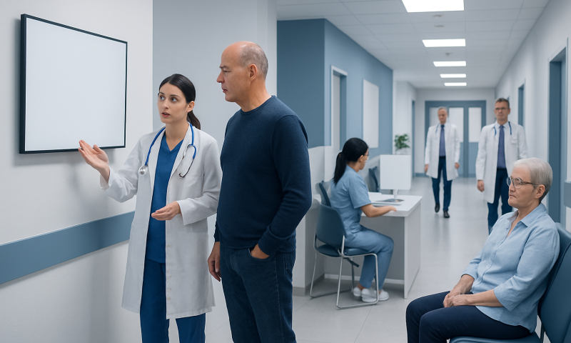 Doctor explaining medical information to a patient in a hospital corridor.