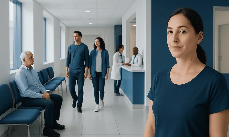 Healthcare professionals and patients in a modern hospital corridor.