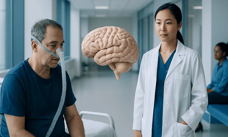 Doctor explains brain health to patient in hospital corridor.