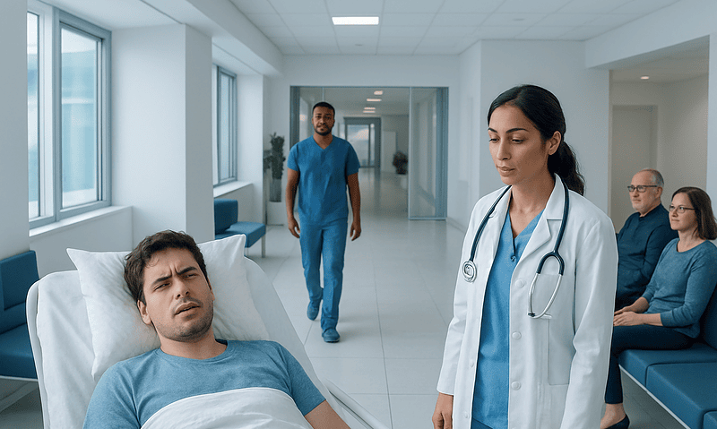 Patient experiencing sleep paralysis in hospital bed with medical staff nearby.