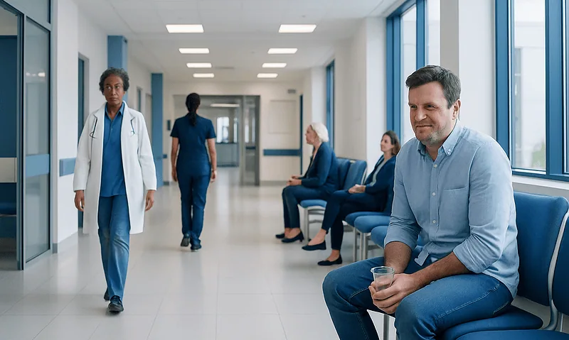 Patient waiting in hospital corridor with medical staff nearby.