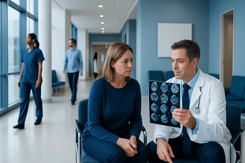 Stroke Diagnosis: Brain Scans, Blood Tests, and How Doctors Find the Cause 1 Doctor explains brain scan results to a female patient in hospital corridor.