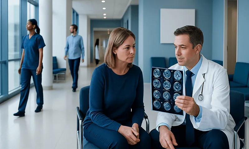 Doctor explains brain scan results to a female patient in hospital corridor.