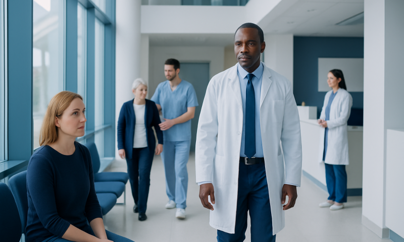 Medical professionals and patient in a hospital corridor.