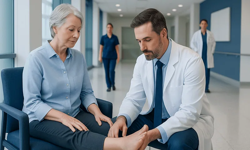 Doctor examining elderly woman's swollen foot in hospital corridor.