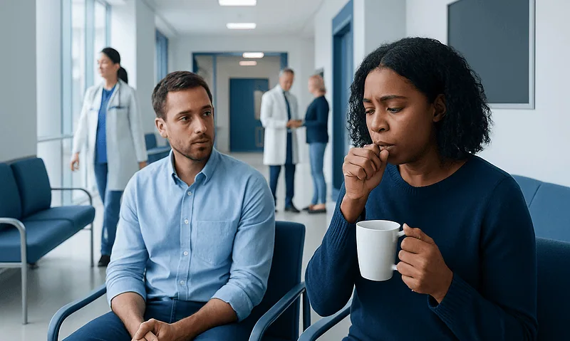 Patient experiencing cough in hospital waiting area with medical staff nearby.