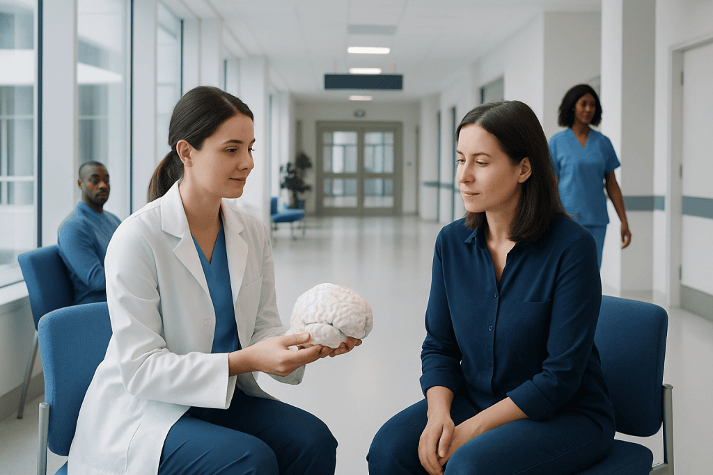 Can Brain Disorders Cause Sleep Problems? 1 Doctor explaining brain health to patient in hospital corridor.