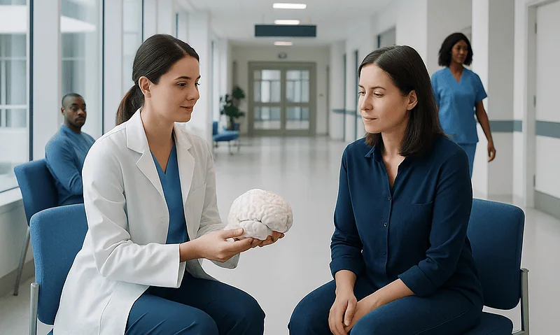 Doctor explaining brain health to patient in hospital corridor.