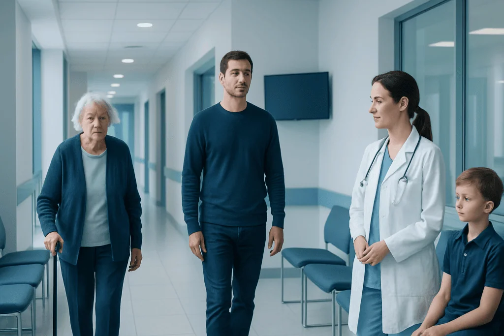 The Human Brain Across the Lifespan: How It Changes With Age 1 Medical consultation with elderly woman, young man, doctor, and child in hospital corridor.