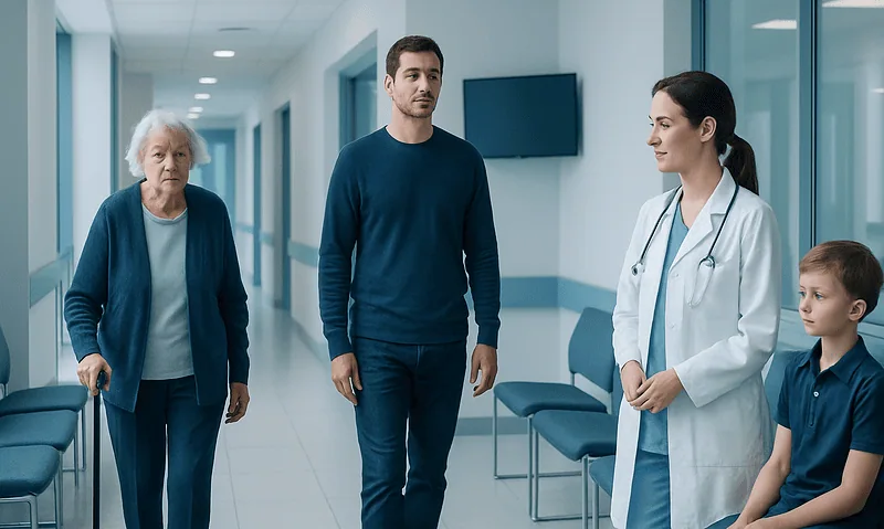 Medical consultation with elderly woman, young man, doctor, and child in hospital corridor.