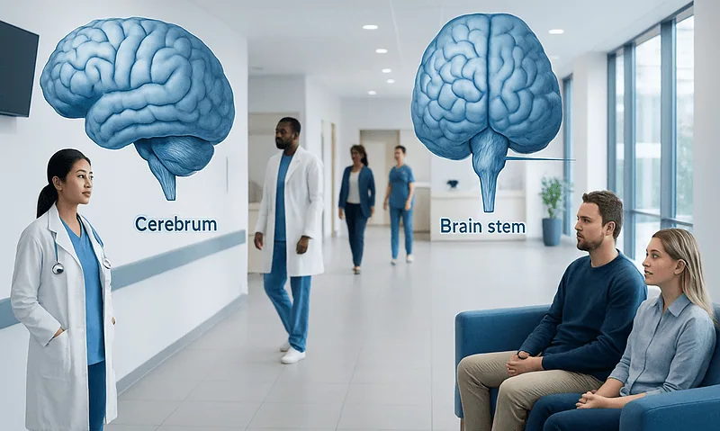 Illustration comparing cerebrum and brain stem in a medical setting.