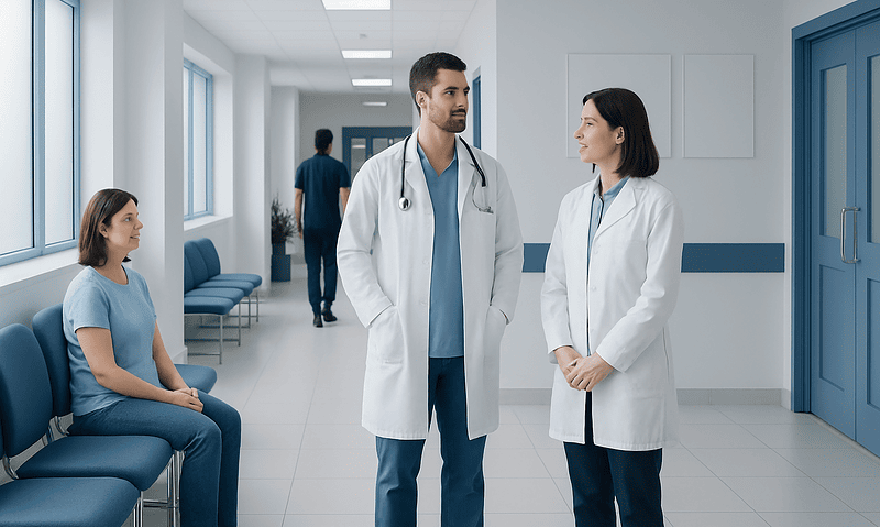 Doctors consulting with a patient in a hospital corridor.