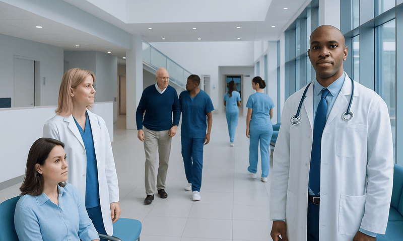 Diverse medical team in modern hospital corridor with large windows.
