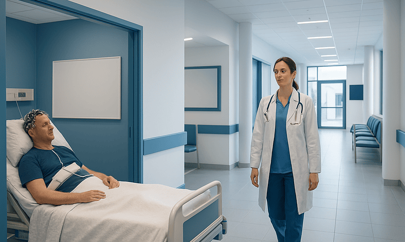 Doctor talking to patient in hospital corridor with bed and medical equipment.