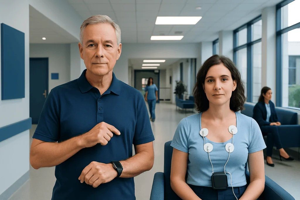 Wearable ECG vs Holter Monitor: Which Heart Rhythm Test Fits Your Symptoms? 1 Doctor and patient in hospital corridor with ECG monitoring device.