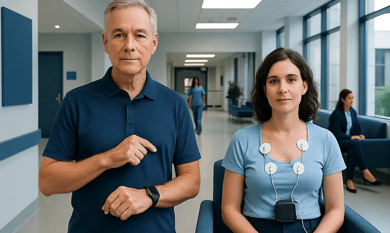 Doctor and patient in hospital corridor with ECG monitoring device.
