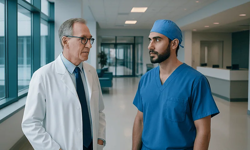 Interventional neuroradiologist and neurosurgeon discussing brain blood vessel treatment.