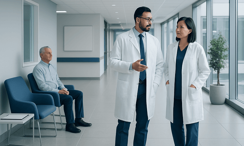 Doctors discussing patient care in a modern hospital corridor.