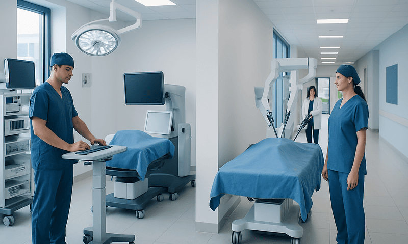 Modern surgical room with robotic and computer-assisted surgery equipment.